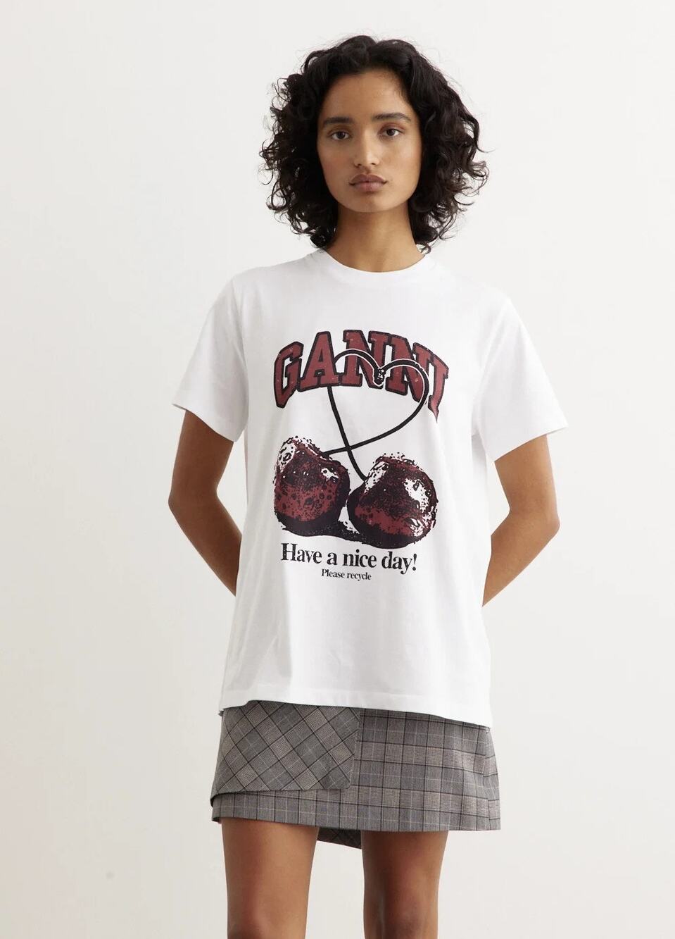 Ganni Jersey Cherry Relaxed White T-Shirt Size S Have A Nice Day Tee Portugal